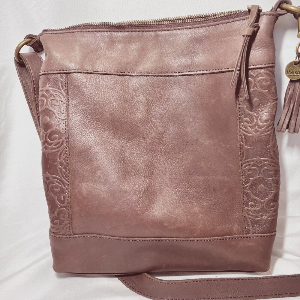 The Sak Collection-Brown Leather Embossed Floral Sides-Black/Pink inside-Phone - Picture 2 of 15